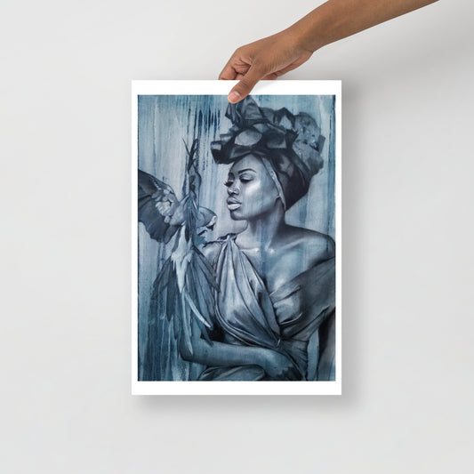 Parrot Girl In Blue - 12"x18" Matte Print