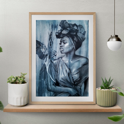 Parrot Girl In Blue - 12"x18" Matte Print